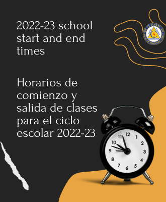  a clock and district logo with with decorative design and words "school start and end times 2022-23